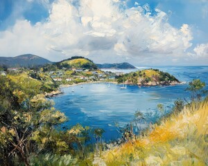 Obraz premium Oil painting capturing a panoramic view of a picturesque bay showcasing the beauty of coastal landscapes and serene waters