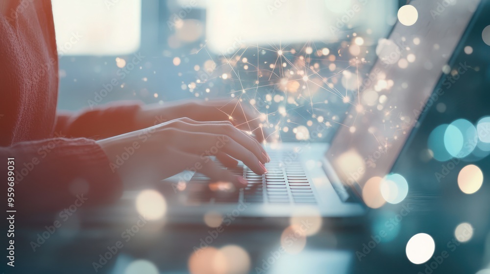 Poster hands typing on a laptop with a network connection