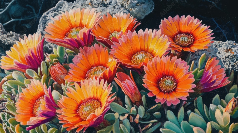 Wall mural close up oil painting of ice plant carpobrotus chilensis showcasing its vibrant details during the s