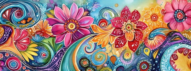 A Vibrant Floral Artwork Featuring Whimsical Blooms and Swirling Colors