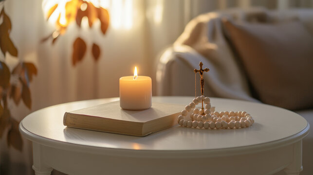 A white table holds a book, a burning candle, and rosary beads.