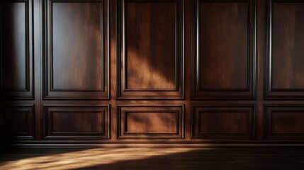 Dark wood wall paneling with natural light shining through.