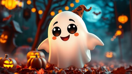 Cute ghost with a witch hat and big eyes.