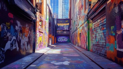 Fototapeta premium Narrow alleyway with graffiti covered walls and a sunlit walkway.