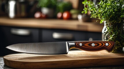 Obraz premium Close-up of a knife resting on a cutting board in a rustic kitchen setting