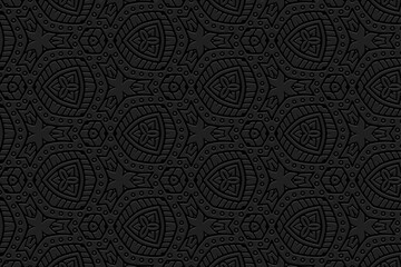 Ethnic black background, tribal cover design, banner. Geometric unique 3D pattern. Embossed ornaments, boho. Traditions of the East, Asia, India, Mexico, Aztec, Peru in handmade style.