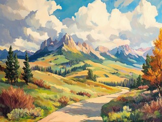 Oil painting depicting a breathtaking inland landscape with vibrant colors and dramatic scenery