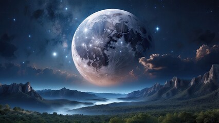  Beautiful night sky with a shining moon, emphasizing the enchanting aspects of astronomy in a peaceful natural landscape