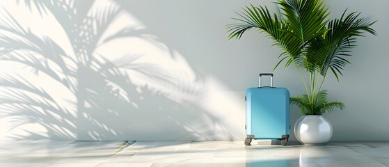 Fototapeta premium A high-resolution image of a blue wheeled suitcase set in a minimalist room with delicate palm leaves in the background.