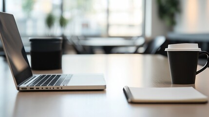 Fototapeta premium Laptop, Coffee Cup, and Notebook on a Wooden Table in an Office Setting