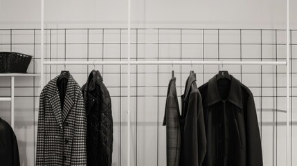 Minimalist wardrobe with hanging black and white coats. Modern closet organization. Elegant storage ideas.