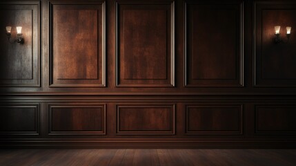 Dark wooden wall with wainscoting and sconces.
