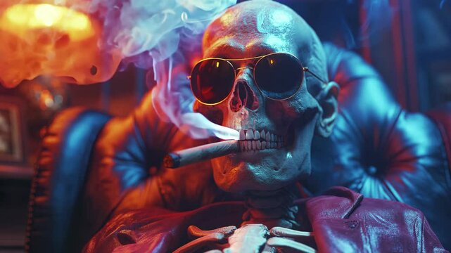 skeleton man wearing sunglasses smoking on cozy armchair, bossy look