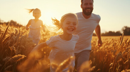 Cinematic photograph of happy family running in the wheat field at sunset, mother and father with little daughter laughing and having fun together on a summer day. Happy family concept.
