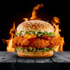 Delicious spicy fried chicken burger ads with burning fire on dark background.