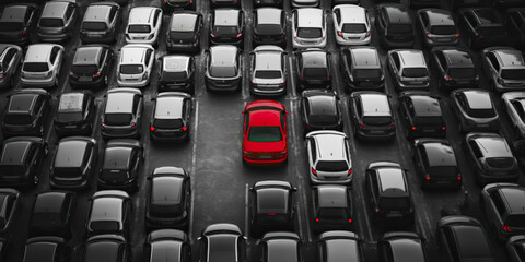 Obraz premium A large parking lot filled with cars, all in grayscale and monotone. Among the sea of grey and black cars, there’s one bright red car that stands out strikingly in the center of the frame.