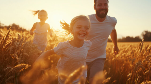 Cinematic photograph of happy family running in the wheat field at sunset, mother and father with little daughter laughing and having fun together on a summer day. Happy family concept.