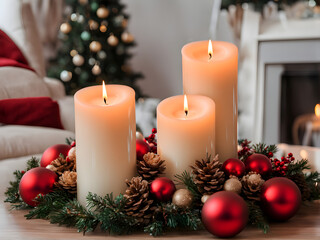 Candles in interior of living room decorated for Christmas