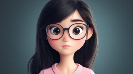 Fototapeta premium A cute cartoon of a skinny Asian girl, years old, wearing glasses, full of charm and playful spirit.