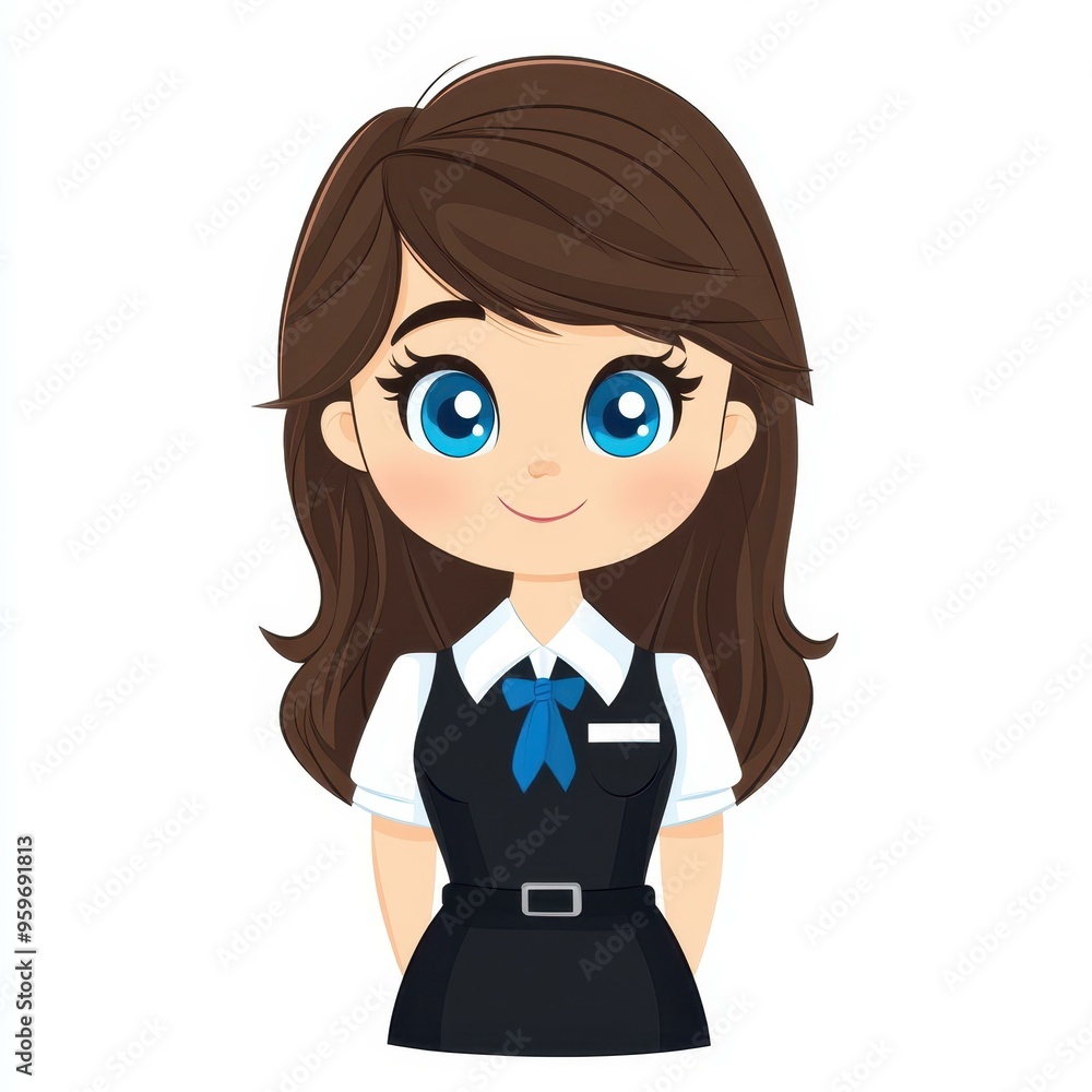 Poster a cute, cartoonstyle monster flight attendant with a black dress and playful expressions, ready to e