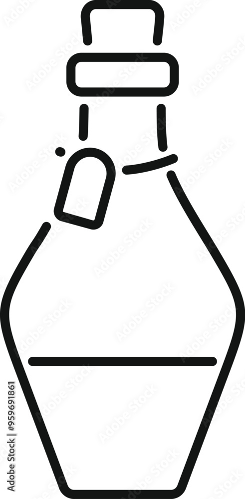 Poster simple line drawing of a bottle containing magic potion with blank label for text, isolated on white