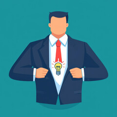 Vibrant flat illustration of a creative manager showcasing a light bulb design on his shirt against a turquoise backdrop.