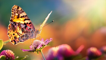 Obraz premium Butterfly Close-Up Collecting Nectar on Wild Flowers 