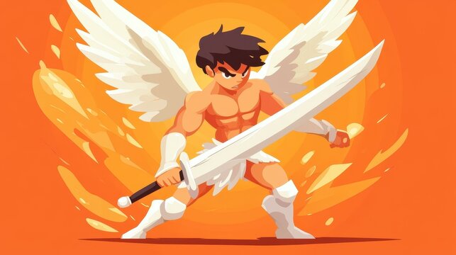 An angel wielding a twohanded sword soars into battle, ready to deliver a powerful strike. Four wings spread wide in a dynamic pose.