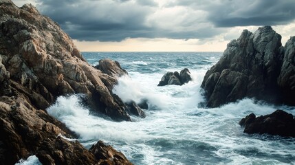 Obraz premium Powerful waves crash against rugged cliffs on a cloudy day, creating a dramatic seascape.
