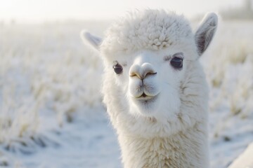 Fototapeta premium Funny white alpaca portrait on the farm outdoors in winter
