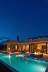 Fototapeta premium outdoor living space - modern mansion in the desert at night with swimming pool 