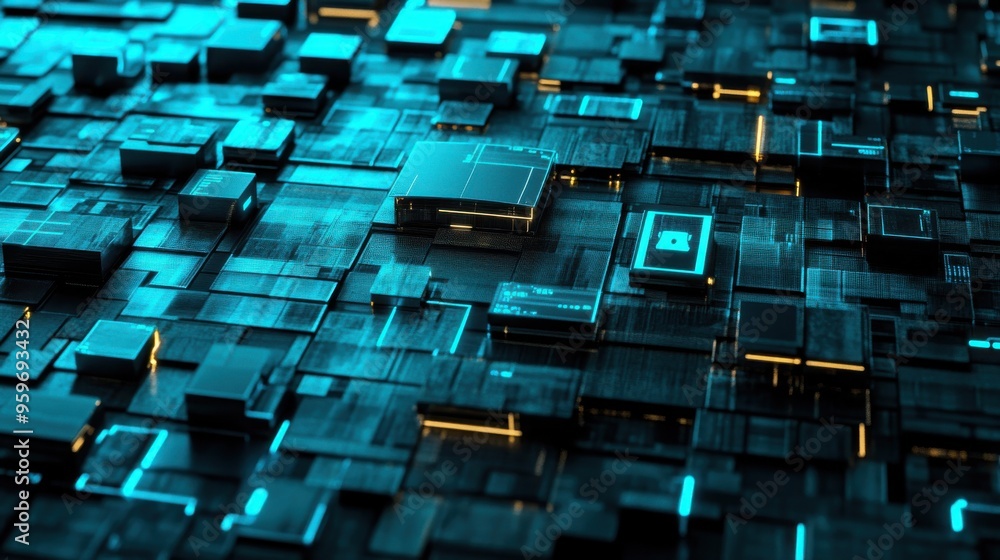 Aufkleber abstract technology background featuring interconnected blue circuits and glowing elements with dark