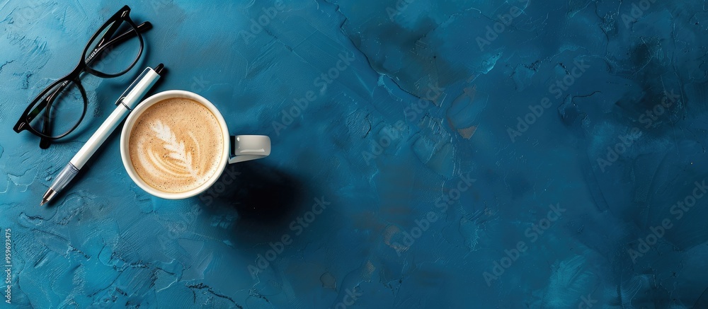 Poster on a blue background there is a pen glasses and a cup of coffee top view area for an inscription bus