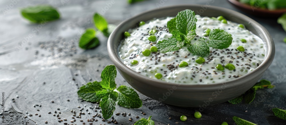 Aufkleber chia pudding with mint leaves in a white bowl set against a gray background a nutritious breakfast f