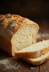 Sliced Loaf of Bread. Freshly baked white bread on a wooden table. Baking, homemade, and food photography.