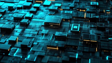 Obraz premium Abstract technology background featuring interconnected blue circuits and glowing elements with dark tones in a futuristic layout