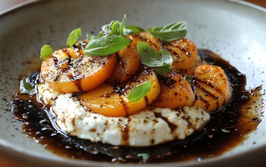 Whipped ricotta with caramelized peaches, pitta, and balsamic reduction  artfully plated dish