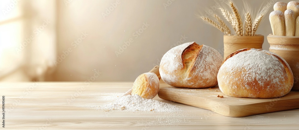 Poster ingredients for baking bread on the table. with copy space image. place for adding text or design