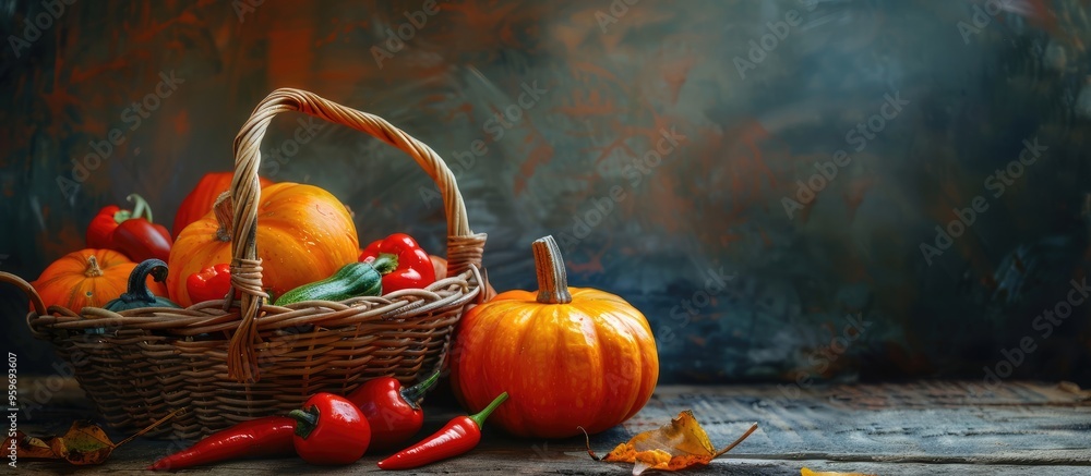 Poster thanksgiving backdrop featuring empty copy space autumn harvest with a pumpkin and pepper placed in 