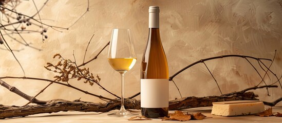 Bottle and glass of white wine on a beige backdrop Wine paired with aged dried twigs Copyspace