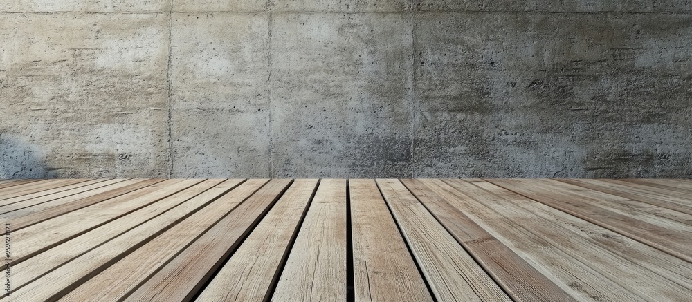 Poster wooden floor planks and a concrete wall. with copy space image. place for adding text or design