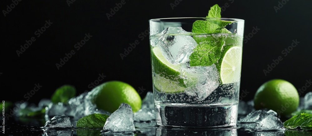 Aufkleber a glass containing cold natural drinks with ice lime and mint is set against a black background clos