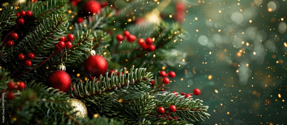 Poster Christmas backdrop featuring fir tree branches adorned with red and gold ornaments on a white background Top view Copy space