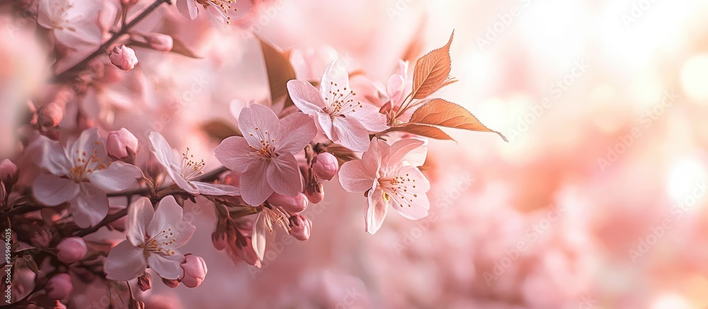 Poster the apple tree flowers attractively with cherry blossoms in soft pink and white hues sakura shallow 