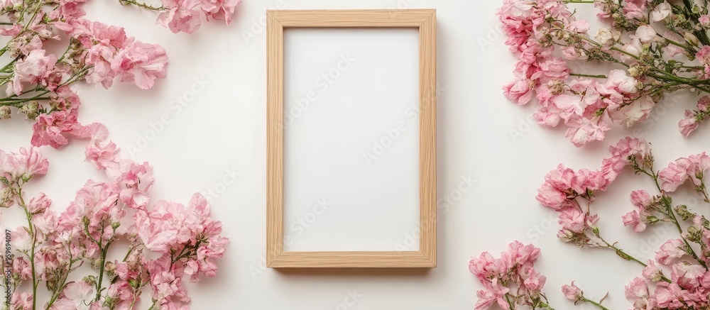 Poster Empty wooden photo frame and preserved flowers. with copy space image. Place for adding text or design