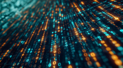 Abstract digital background featuring binary code and AI algorithms seamlessly integrated into a futuristic design. This visual highlights the complexity of artificial intelligence and machine learnin