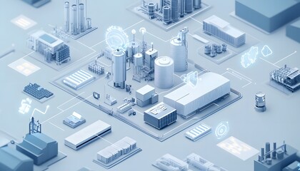 Obraz premium 3D Render of a Smart Factory with Digital Overlays