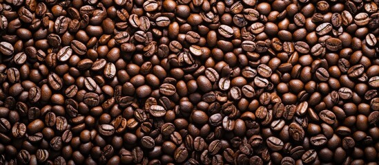 Fototapeta premium Top view of coffee beans Background featuring roasted coffee beans Coffee texture Copyspace for designers
