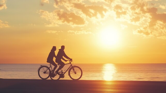 Cyclists enjoying a sunset ride along the beach while the sun casts a warm glow over the ocean