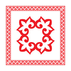 Vector Red with white Square middle Asia national ornament. Ethnic pattern of the Kazakh, Kyrgyz, Mongols, Turkic, Kalmyks, Buryats. Square frame border, for textile, print design